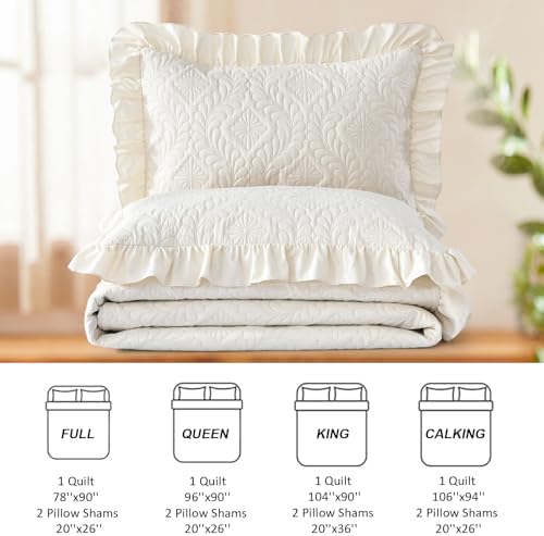 DJY Quilts Queen Size, Ruffled Reversible Bedding Set, Beige