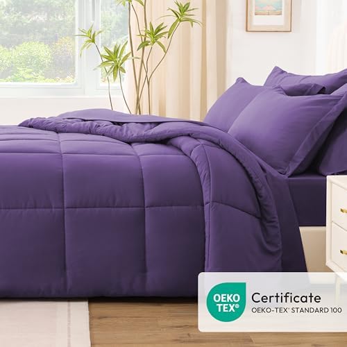 Love's cabin Twin Comforter Set Dark Purple, 5 Pieces Twin Bed in a Bag, All Season Bedding Sets with 1 Comforter, 1 Flat Sheet, 1 Fitted Sheet, 1 Pillowcase and 1 Pillow Sham