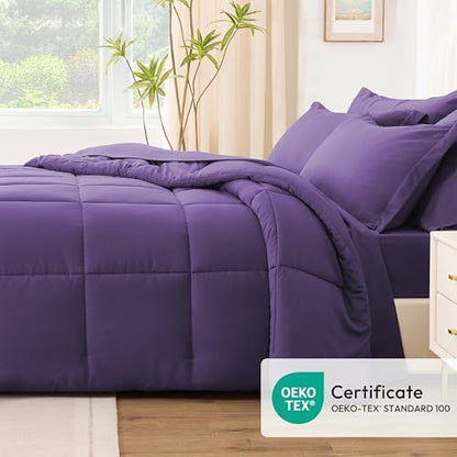 Love's cabin Twin Comforter Set Dark Purple, 5 Pieces Twin Bed in a Bag, All Season Bedding Sets with 1 Comforter, 1 Flat Sheet, 1 Fitted Sheet, 1 Pillowcase and 1 Pillow Sham