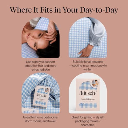 Kitsch Satin Pillowcase with Zipper - Standard Size, Gingham Blue