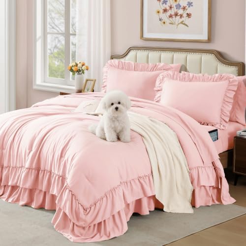 King Size Comforter Set Rosewater Ruffle 7 Pieces Farmhouse Bed in a Bag