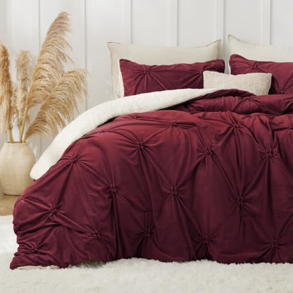BEDELITE Fluffy Sherpa King Comforter Set,Pintuck-Burgundy