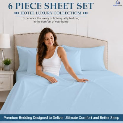 Mattress-Homes Premium Collection, 7 PC Split Sheet Set, 100% Egyptian Cotton Crisp Fits Mattress Up to 18" DEEP Pocket, King Size, Machine Wash, Extra-Soft Breathable Sheets in Light Blue Solid