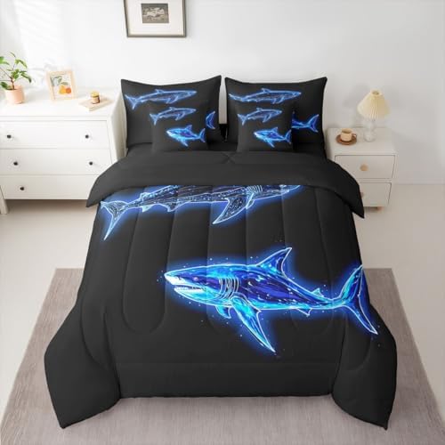 Feelyou Blue Neon Shark Comforter Set with Sheets 7 Piece Full Ocean Design Bed in a Bag Kids Boys Girls Line Art Shark Bedding Set Deep Sea Creature Print Bedroom Decor Marine Soft Lightweight