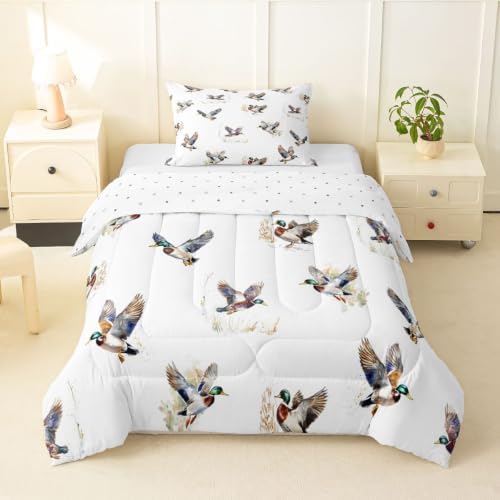 Feelyou Mallard Duck Comforter Set Twin Size Duck Hunt Bedding Set for Kids Boys Girls Wild Duck Hunting Duvet Quilt Wild Animal Bedroom Decor Microfiber 2 Pcs with 1 Pillow Cases