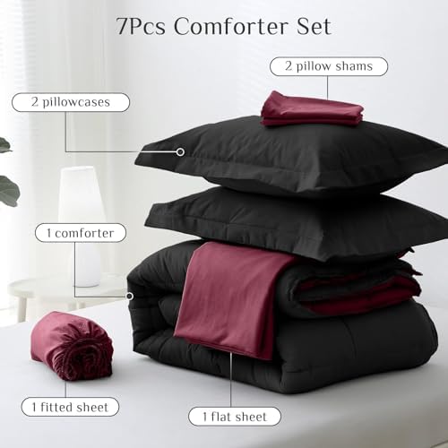 JOLLYVOGUE King Comforter Set, Ultra-Soft Bed in a Bag King Size 7 Pieces, Oeko-TEX Certified Bedding Set with Down Alternative Comforter, Sheets, Pillowcases & Shams, Black & Deep Burgundy