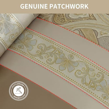 Bedduvit Luxury 7 Piece Bed in Bag, Vintage Damask Jacquard Thick King Comforter Set, Luxurious Genuine Patchwork Design All Season Bedding Set with Bed Skirt, Decor Pillows, Shams, Gold/Beige/Cream