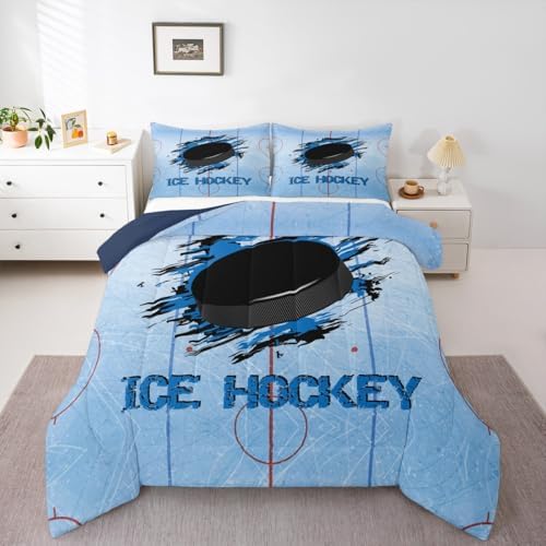 Ice Hockey Bedding Set King Size, Stadium Comforter Set 3pcs for Kids Boys Men Room Decor, Winter Sports Event Quilt Set Blue Black Graffiti Duvet Insert, 2 Pillowcases