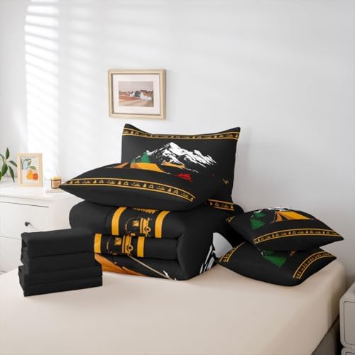 Erosebridal Happy Camping Full Size Bed in A Bag Camper Rv Comforter Set with Sheets for Kids Boys Teens Bedroom Mountain Pine Tree 7 Piece Bedding Set Rustic Cabin Lodge Bed Sets, Black Orange