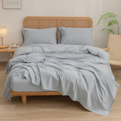 BESTOUCH King Washed Cotton Linen Feel Sheet Set 4 Pcs Cornflower Blue