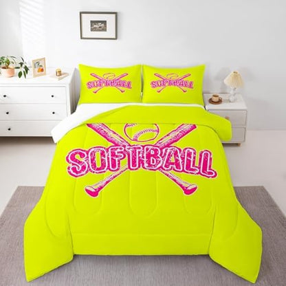 Homewish Softball Comforter Set,Ball Games Theme Bedding Set for Kids Girls Women,Adults Yellow Pink Comforter,Sports Softball Quilted Duvet Set Bedroom Collection Twin Size 2Pcs
