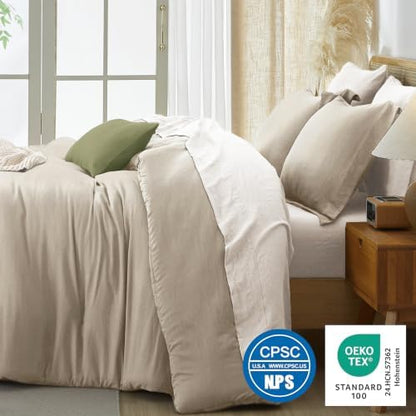 Prewashed Queen Size Comforter Set 7 Pieces, Beige Bed Set