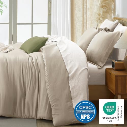 Prewashed Full Size Comforter Set 7 Pieces, Beige Bed Set