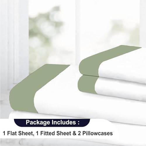 SGI bedding Hudson Hotel Collection 4 Piece Egyptian Cotton Sheets King Size - 15" Deep Pocket, Premium Cotton, Elegant 4" Moss Hem on White Sheet - White/Moss