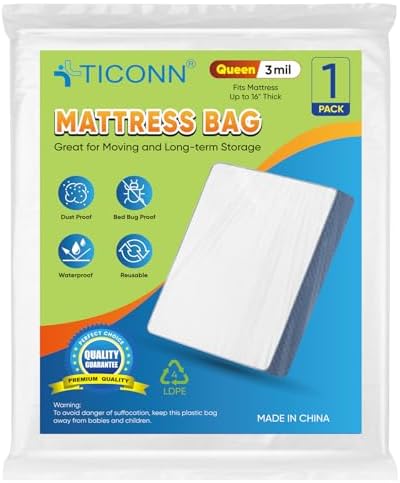 TICONN 1PK Plastic Mattress Bags for Moving, Waterproof Mattress Cover