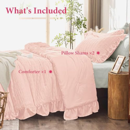 JOLLYVOGUE Blush Pink Queen Comforter Set,3pcs Ruffle Seersucker Bed Set