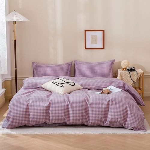 mixinni Purple Gingham Grid Duvet Cover Queen, 100% Washed Cotton Modern Geometric Bedding Set with 2 Pillowcases, Farmhouse Style Yellow Plaid Comforter Cover Set for Men & Women, Soft & Lightweight