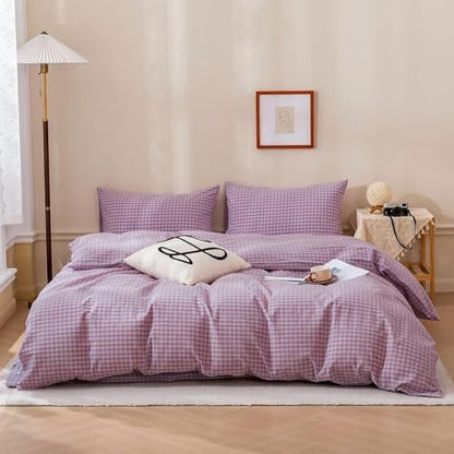 mixinni Purple Gingham Grid Duvet Cover Queen, 100% Washed Cotton Modern Geometric Bedding Set with 2 Pillowcases, Farmhouse Style Yellow Plaid Comforter Cover Set for Men & Women, Soft & Lightweight