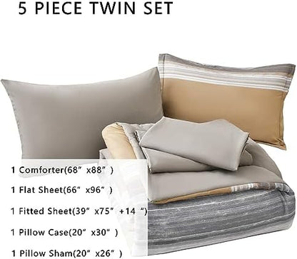 KAKIJUMN Striped Comforter Set Twin Size, 5 Piece Bed in a Bag, Warm Tan