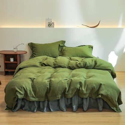 Simple&Opulence 100% French Flax Linen Duvet Cover Set with Embroidery Washed - 3 Pieces (1 Duvet Cover with 2 Pillow Shams) with Button Closure Soft Breathable Farmhouse - Olive, King Size
