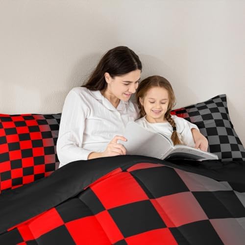 Feelyou Checkered Retro Kids Comforter Set Queen Size Geometric Vintage Bedding Set Red Grey Duvet Quilt for Kids Boys Girls Bedroom Modern Groovy Aesthetic Decor