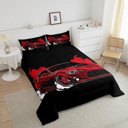Erosebridal Red Race Car Full Comforter Set Racing Car Bedding Set for Boys Extreme Sport Car Down Comforter Teens Racing Competition Quilt Cool Sports Duvet Insert Room Decor