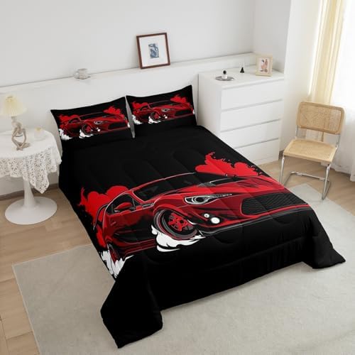 Erosebridal Red Race Car Toddler Comforter Set Racing Car Bedding Set for Boys Extreme Sport Car Down Comforter Teens Racing Competition Quilt Cool Sports Duvet Insert Room Decor