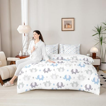 Erosebridal Elephants Full Comforter Set 7 Piece for Kids Boys Girls Cartoon Zoo Animal Bedding Set Blue Grey Elephants Bed in A Bag with Sheets Cute Safari Wildlife Bed Set