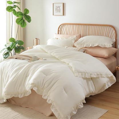 JANZAA Cream White Comforter Set Oversized King, Ruffle Soft Bedding