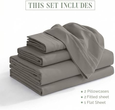 Elegant Comfort Luxurious 1500 Premium Hotel Quality Microfiber Three Line Embroidered Softest 5-Piece Bed Sheet Set, Wrinkle and Fade Resistant, Split King, Gray