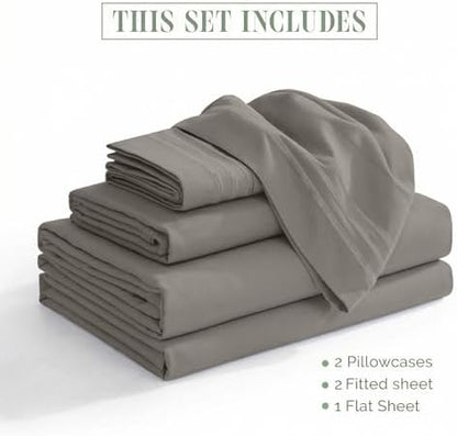 Elegant Comfort Luxurious 1500 Premium Hotel Quality Microfiber Three Line Embroidered Softest 5-Piece Bed Sheet Set, Wrinkle and Fade Resistant, Split King, Gray