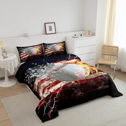 Baseball Comforter Set Full Size For Boys Teens, American Flag Bedding Set United States Sports Games Duvet Sets Gold Fire Down Comforter, Usa Federations Stars Stripes Comforter Bedroom Decor
