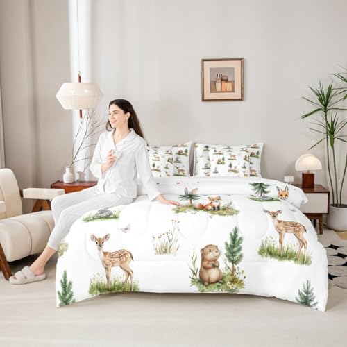 Erosebridal Woodland Wildlife Bed in A Bag with Sheets for Kids Boys Girls Wild Animals King Comforter Set 7 Piece Cartoon Fox Rabbit Beaver Deer Bedding Set Fir Trees Bed Set