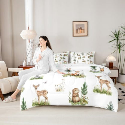 Erosebridal Woodland Wildlife Bed in A Bag with Sheets for Kids Boys Girls Wild Animals King Comforter Set 7 Piece Cartoon Fox Rabbit Beaver Deer Bedding Set Fir Trees Bed Set