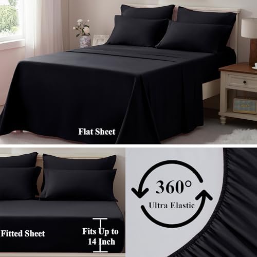 ELNIDO QUEEN® Queen Comforter Set Black - 7 Pieces Bed in a Bag Comforters Queen Size, Bed Set All Seasons, Black Bedding Sets with Comforter, Flat Sheet, Fitted Sheet, Pillowcases and Pillow Shams