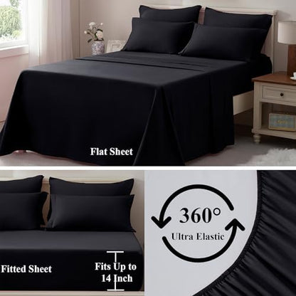 ELNIDO QUEEN® Queen Comforter Set Black - 7 Pieces Bed in a Bag Comforters Queen Size, Bed Set All Seasons, Black Bedding Sets with Comforter, Flat Sheet, Fitted Sheet, Pillowcases and Pillow Shams