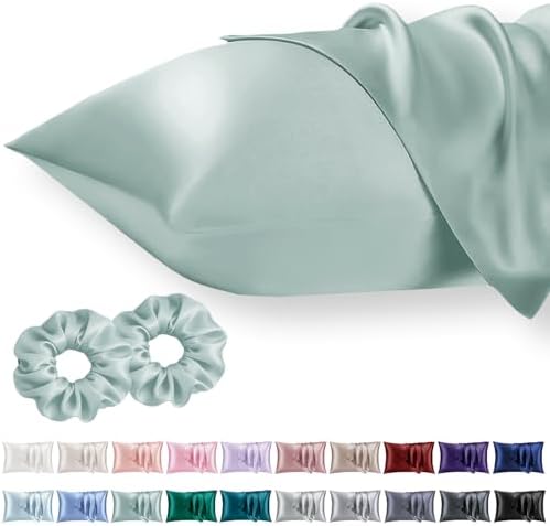 Vielit Standard Satin Pillowcase for Hair 2pc,Similar to Silk Pillow Cases,Easier Care Than Silk Pillowcase,Gifts for Women Men,Sage Green,20x26 & Envelope Closure and 2 Satin Scrunchies