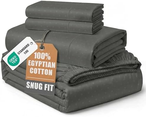LANE LINEN King Sheet Set 100% Egyptian Cotton Sateen - Dark Grey Swiss Dot