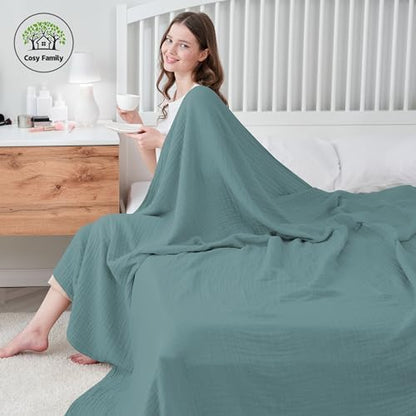 Cosy Family 6 Layer Muslin Bed Blanket - Breathable and Lightweight Gauze Boho Blanket for Spring, Soft 100% Cotton Muslin, Green, 55x80 Inches