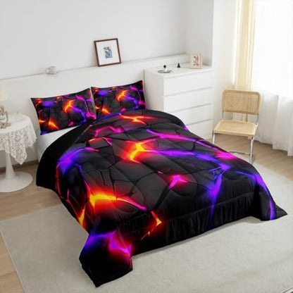 Feelyou Kids Honeycomb Duvet Insert Queen Size, Purple Black Hexagonal Bedding Set Geometrical Comforter Set Boys Girls Teens Bedroom Decor Bed Set 3Pcs