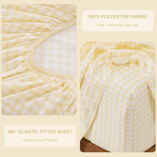 Gingham Queen Sheet Set, Lightweight Super Soft Brushed Microfiber Plaid Bed Sheets with 16" Deep Pocket, 4 Piece Ruffle Farmhouse Bedroom Decor, Yellow