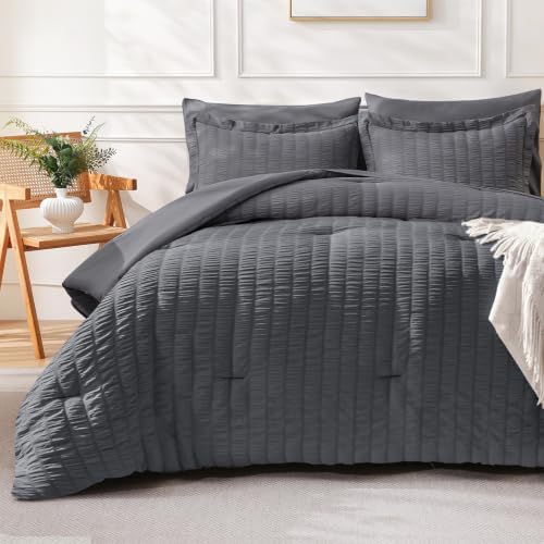 FreshCulture Comforter Set Seersucker 7 Pieces, All Season Bedding Set Queen, Bed in a Bag Comforter Set with 1 Comforter, 1 Flat Sheet, 1 Fitted Sheet, 2 Pillowcases and 2 Pillow Shams, Dark Grey