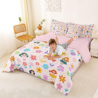 Erosebridal Cute Floral Bed in a Bag King Size Comforter Set 7-Piece | Kids Cartoon Fairy Princess Bedding Sets Rustic Flowers Comforter and Sheet Set, Kawaii Elf Room Decor,Pink