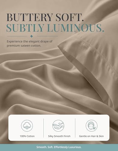 LANE LINEN 450TC Cotton Twin Sheets - Silky Smooth Sateen Weave, Taupe