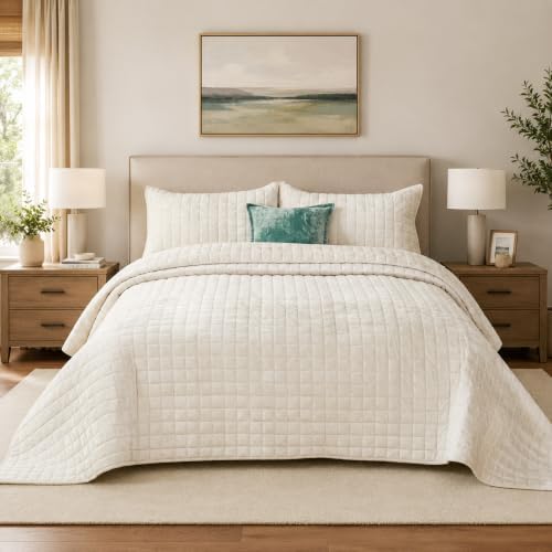 Quilt Set Queen Size 90x98 Luxurious Velvet Bedding Sets with 2 Pillow Shams 20x26 3 Pieces Ultra Soft Quilted Bedspread Coverlet Comforter for All Season,Cream