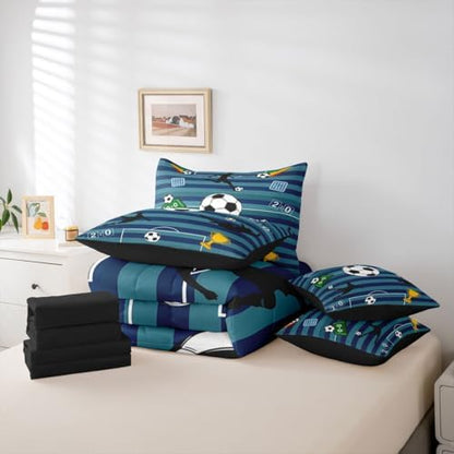 Erosebridal Sports Theme Soccer Gaming Playground Boys Navy Blue King 7-Piece Comforter Set | Striped Sheets and Pillowcases Football Court Bed in A Bag Hexagon Honeycomb Bed Sets