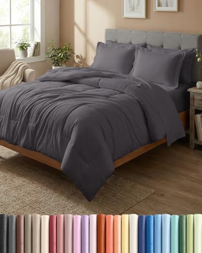 Full Comforter Set - 7 Piece Bed in a Bag Full Size Bed Set - Dark Grey