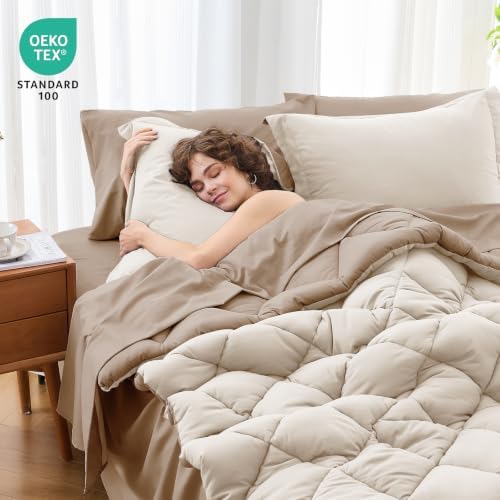 MUXHOMO 7 Pieces California King Comforter Set, Reversible Bed in a Bag Cal King Size, All Season Bedding Set with Comforter, Flat Sheet, Fitted Sheet, Pillowcases & Shams, Beige & Dark Linen