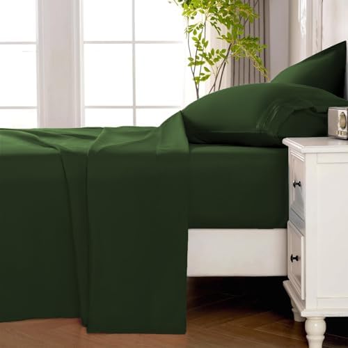ROSE&RISY Dark Olive Green King Sheet Set, 4 Pcs Soft Bedding King Sheet Set, Breathable and Cooling,Includes 1 Fitted Sheet, 1 Flat Sheet, 2 Pillowcases - Deep Pocket (Dark Olive Green, King)