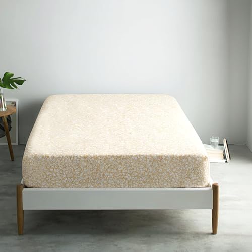 Feather & Stitch Fitted Sheet Only, 100% Cotton 300TC Lightweight Cooling & Breathable Percale Weave Fitted Sheet 16" Regular Elastic Deep Pocket Soft Bedding Mattress (Queen, Twilight Bloom Beige)